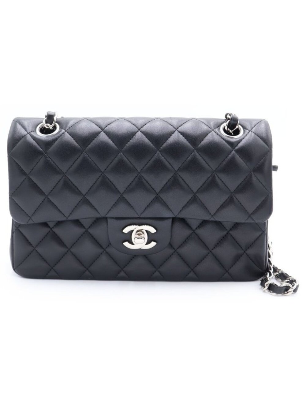 Chanel Quilted 23 Double Flap Chain Shoulder Bag Lambskin Silver Stand
